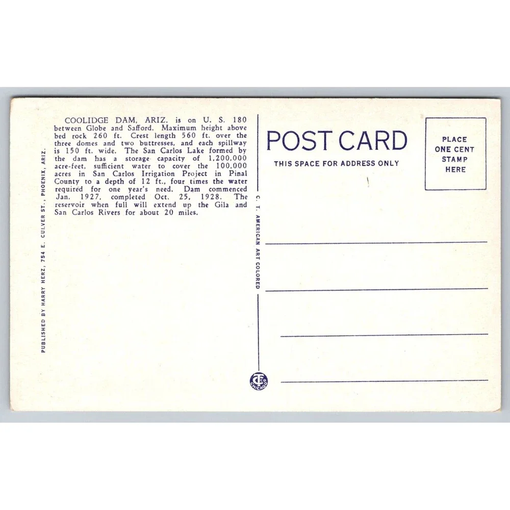 Vintage 1930 Coolidge Dam Arizona Postcard Harry Herz White Border San Carlos